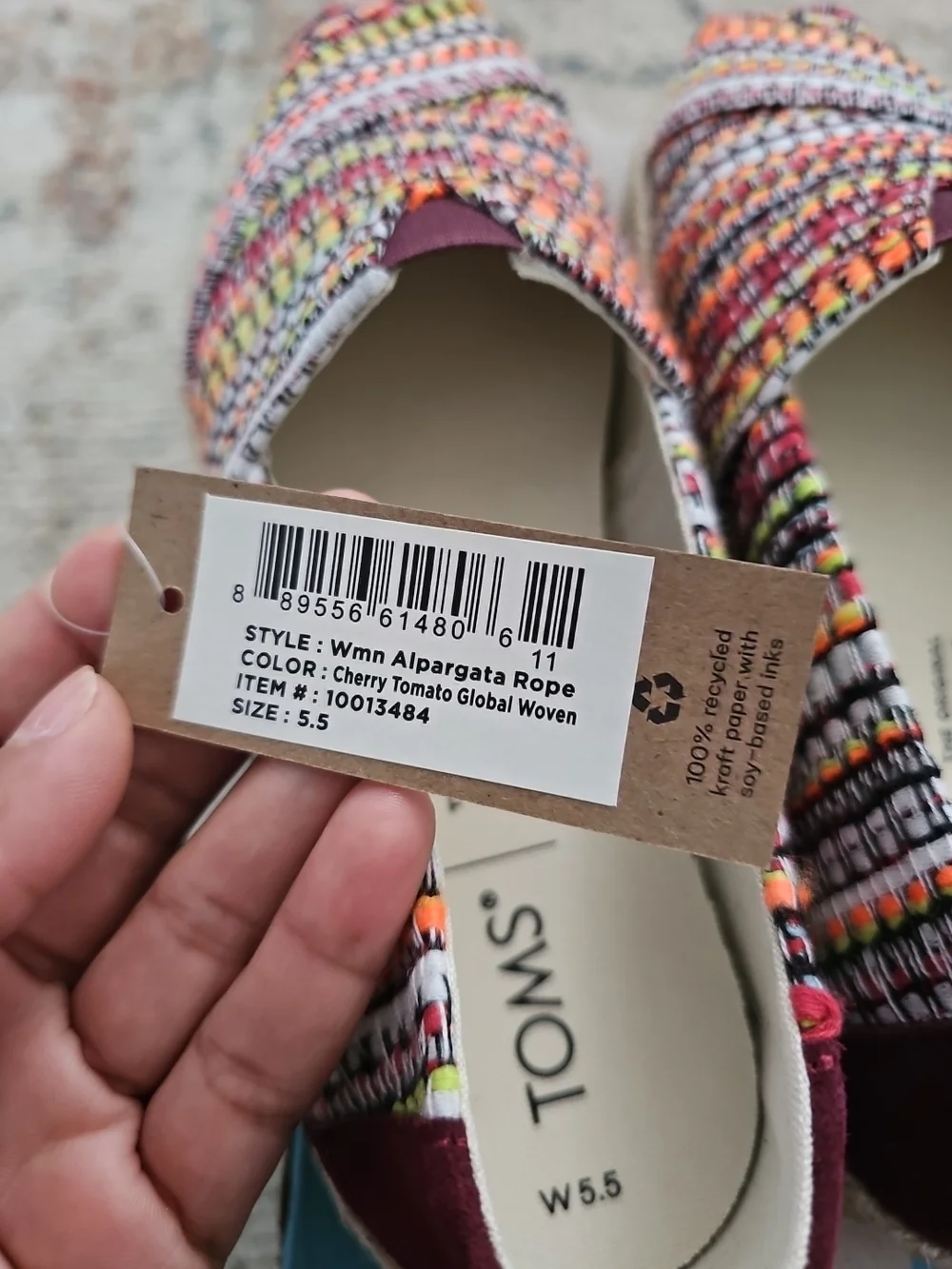 Tom's Alpargata‎ Slip On Cherry Tomato Global Woven Size 5.5 W